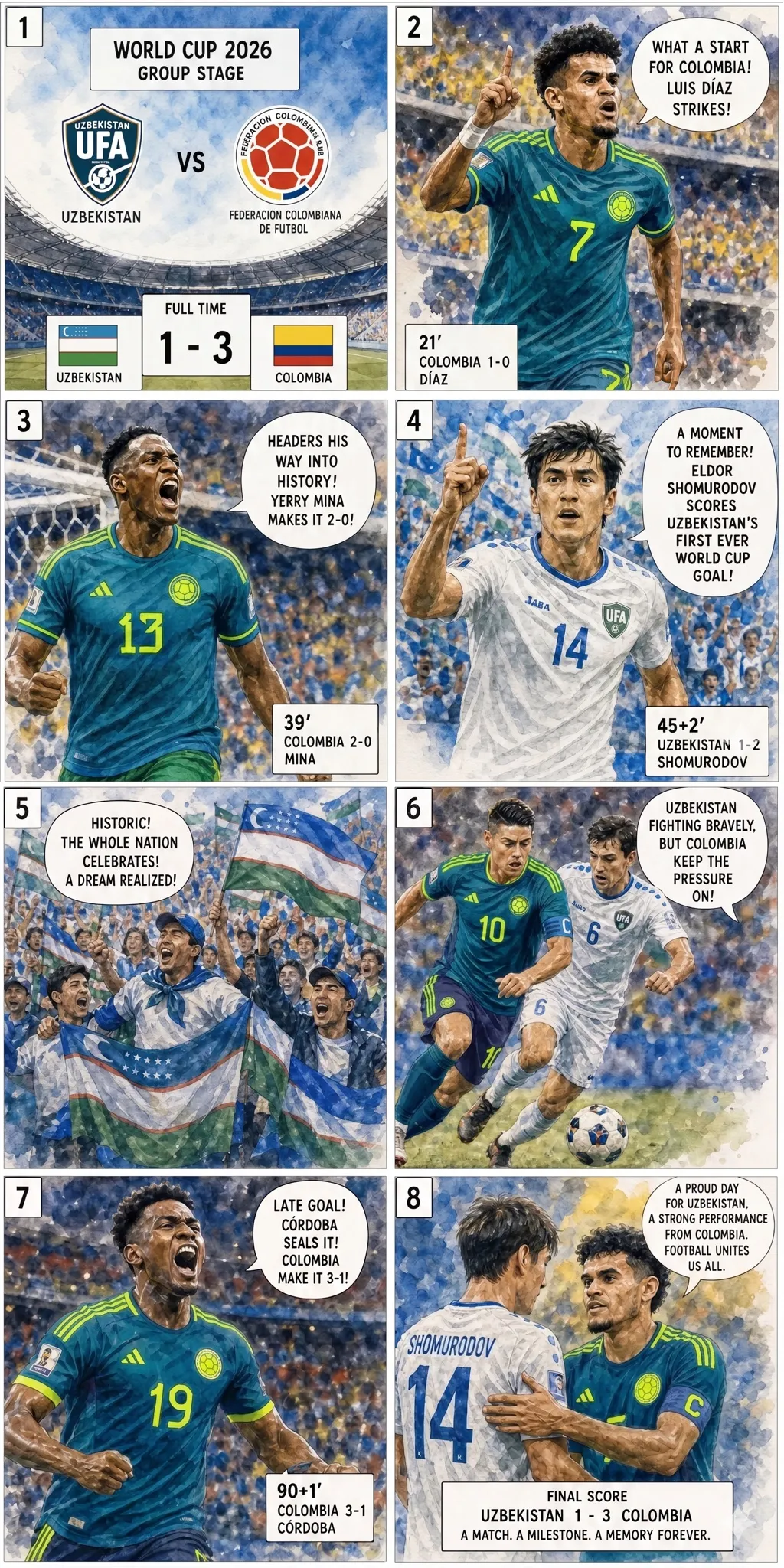 우즈베키스탄 1-3 콜롬비아: 디아스의 마스터클래스, 쇼무로도프의 자부심, 그리고 가장 긴 여정