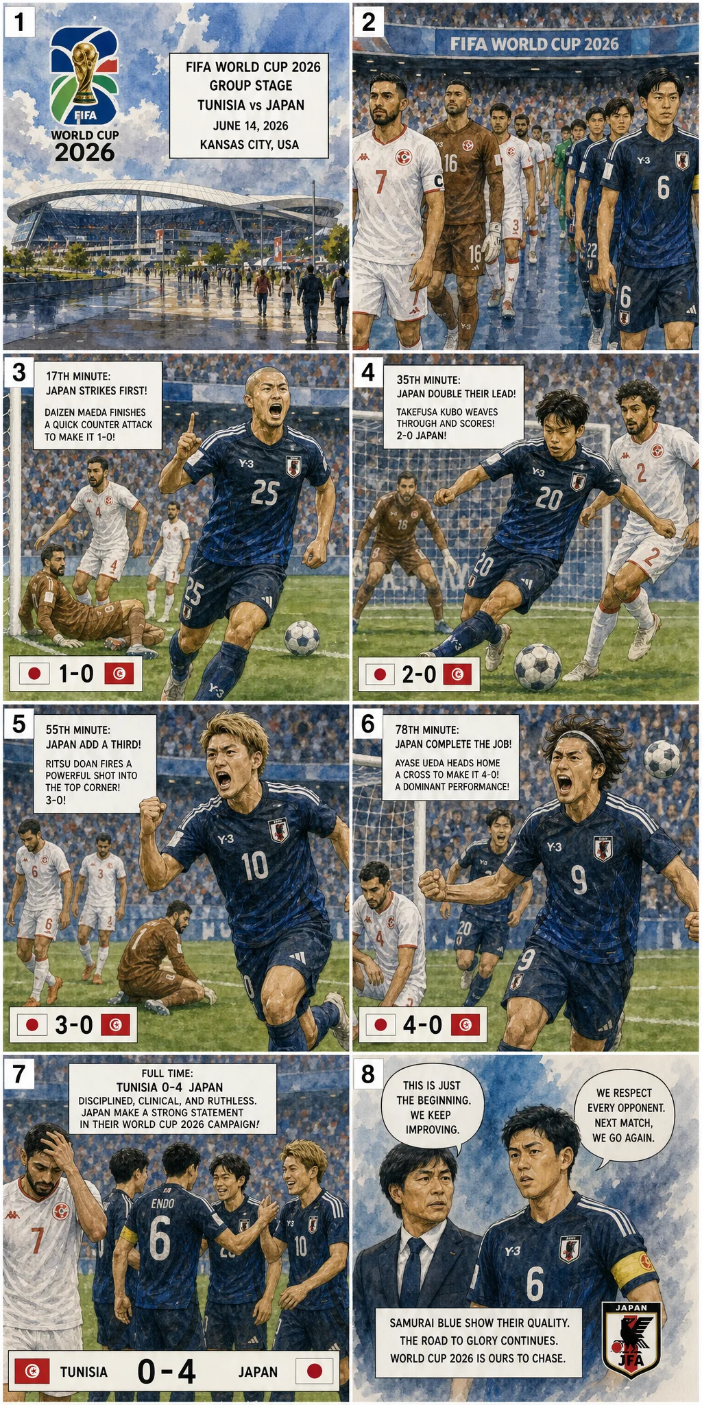 This is the Comic image with the caption: Japon 4-0 Tunisie : Une exécution clinique couronne les favoris de la Coupe du Monde