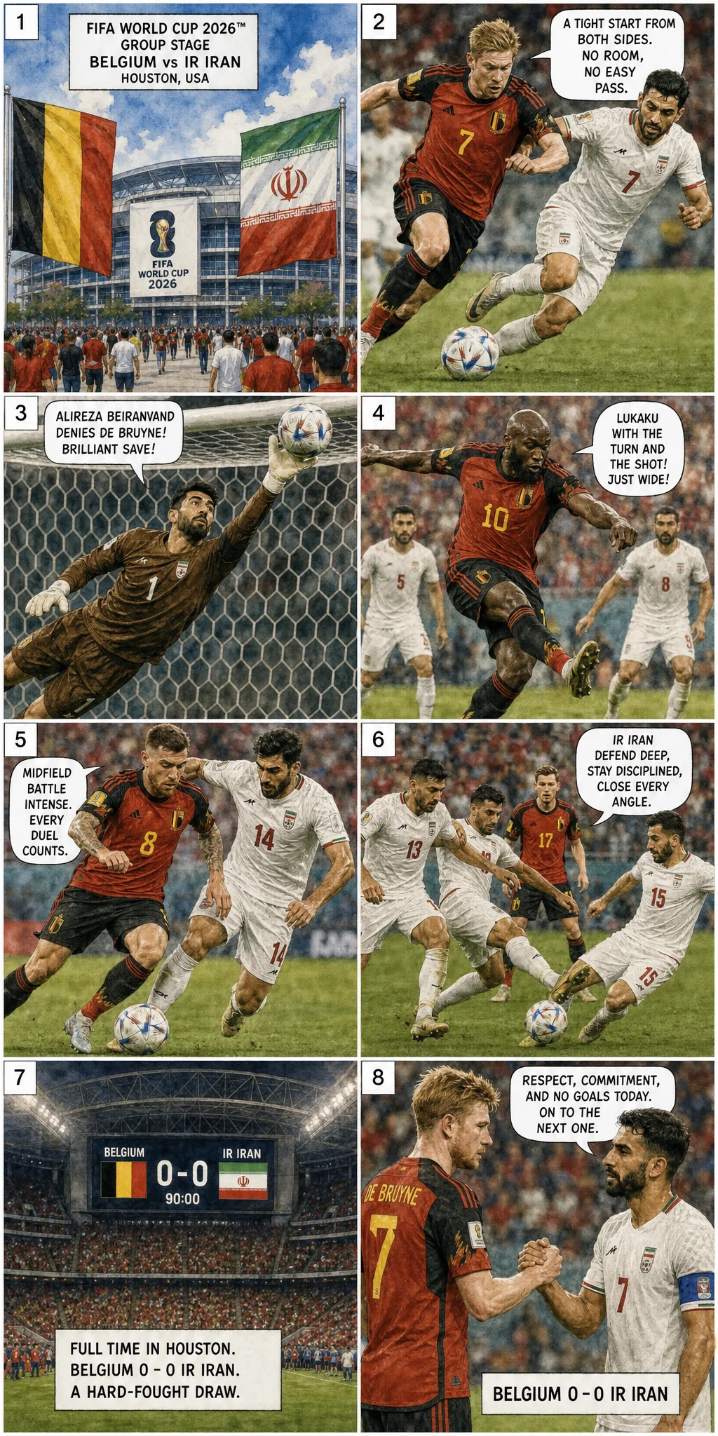 This is the Comic image with the caption: 比利时0-0伊朗:僵局在补时争议中收场