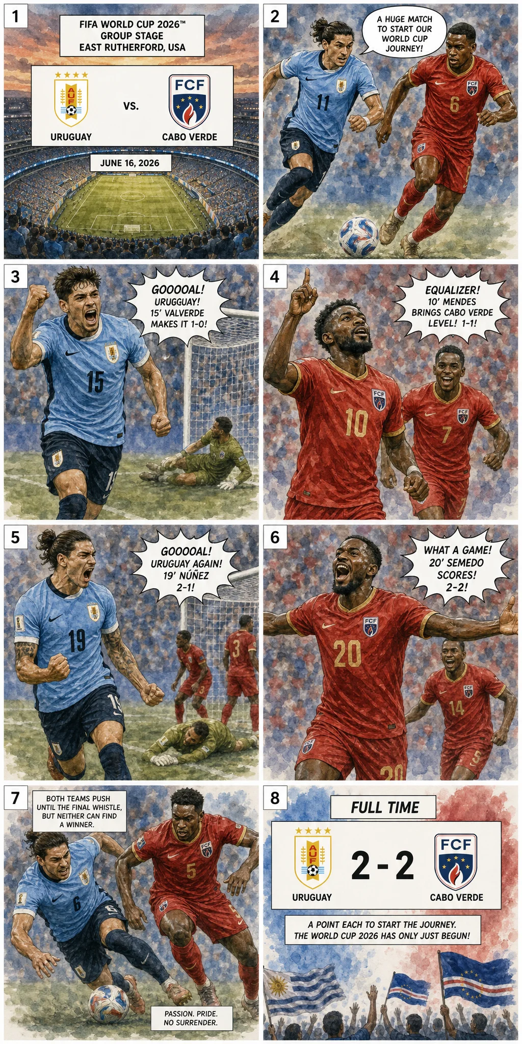 This is the Comic image with the caption: Uruguay 2-2 Cabo Verde: La Nación Insular Consigue su Primer Punto Histórico