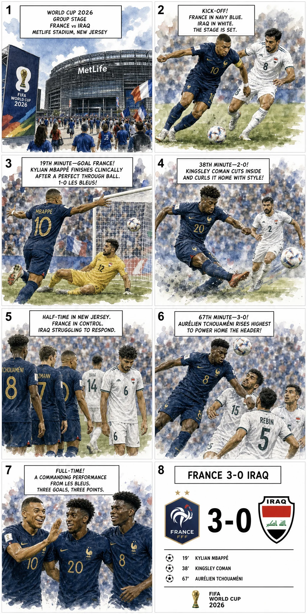This is the Comic image with the caption: France 3-0 Irak : Doublé de Mbappé, 100e sélection, interruption pour orage