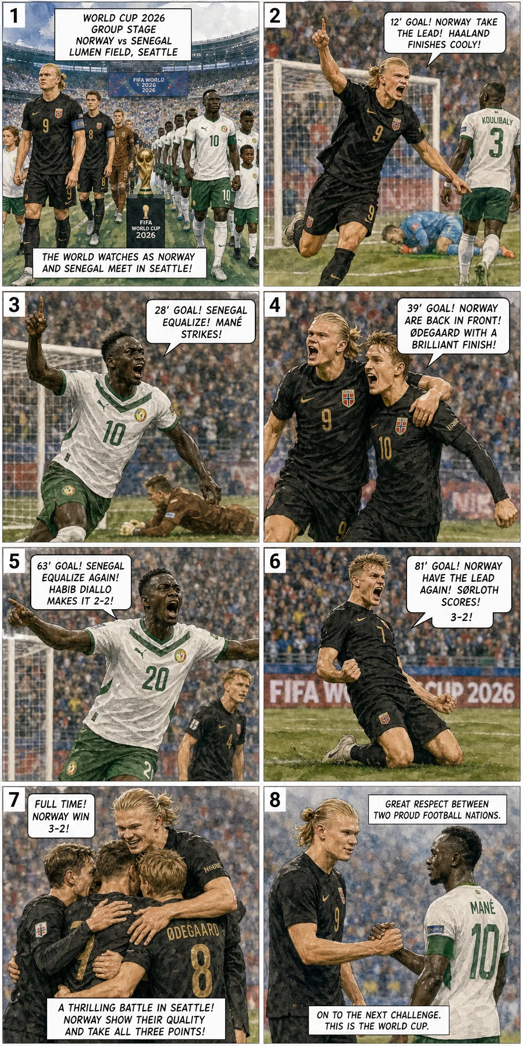 This is the Comic image with the caption: Noruega 3-2 Senegal: La heroica actuación de Haaland salva a Noruega