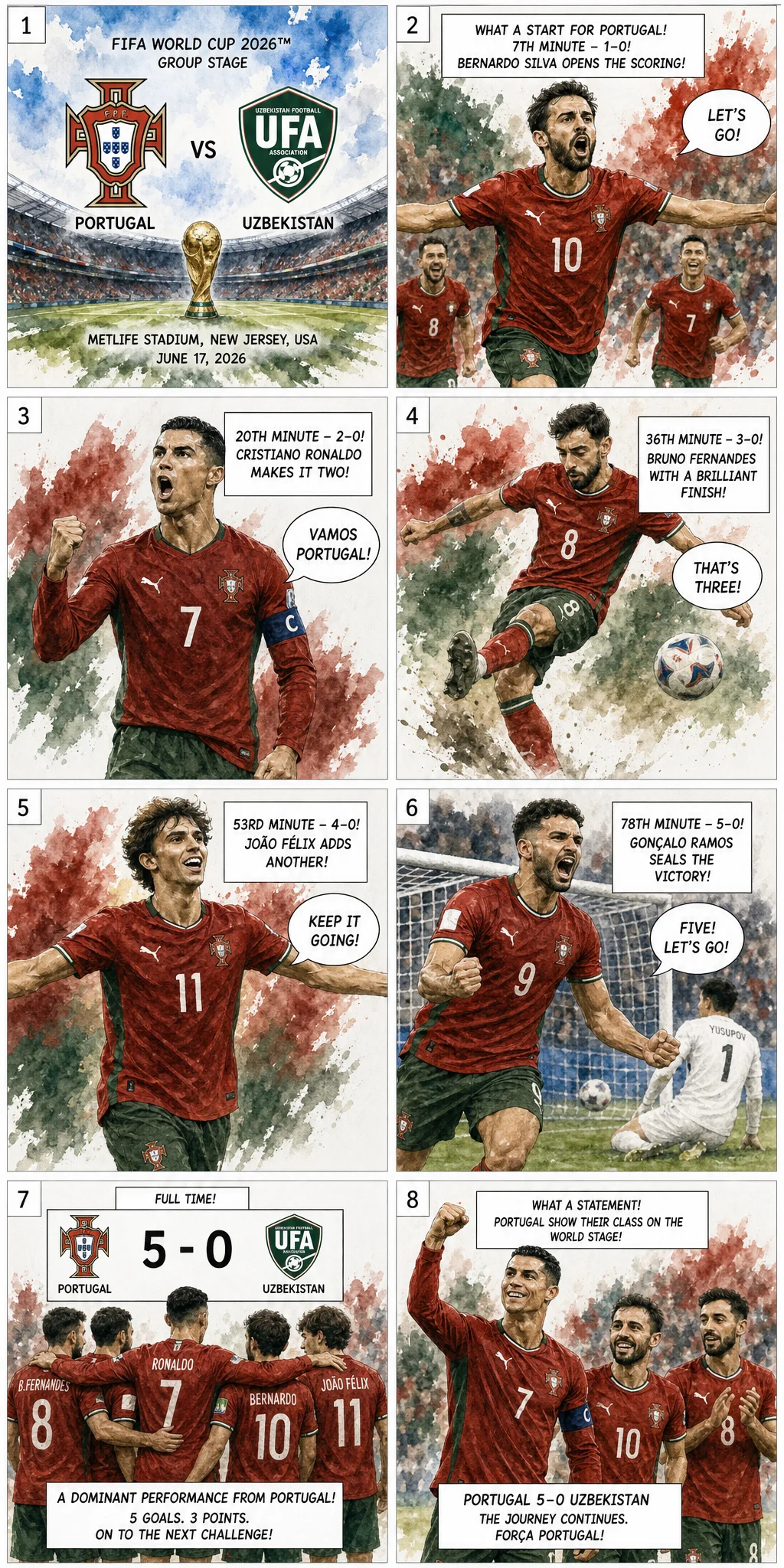 This is the Comic image with the caption: Portugal 5-0 Uzbequistão: Doblete de Ronaldo Reescreve os Recordes