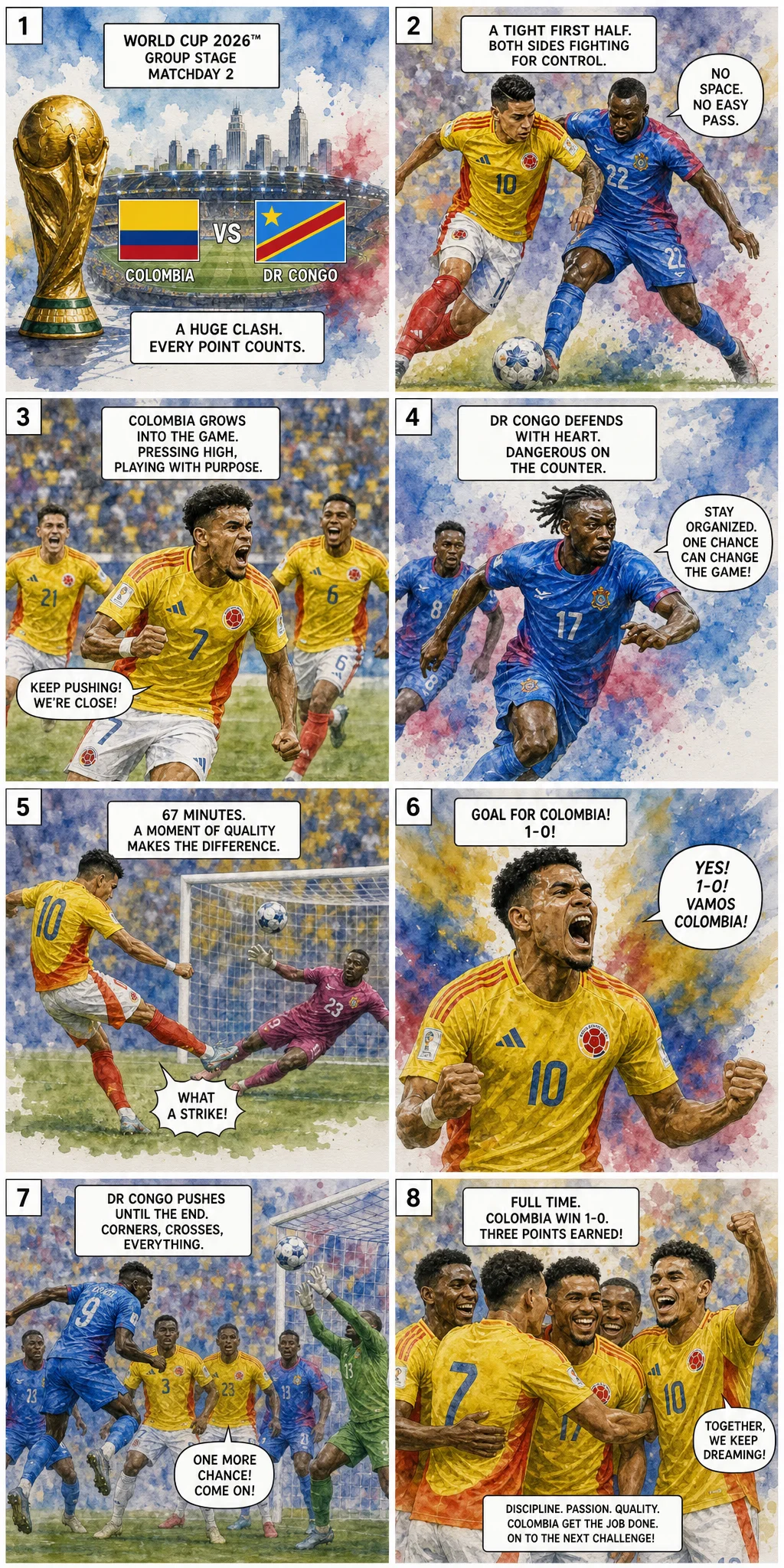 This is the Comic image with the caption: Kolumbien 1-0 DR Kongo: Muñoz-Treffer schickt Kolumbien weiter