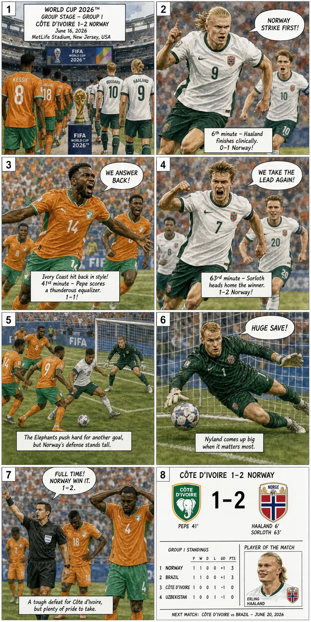This is the Comic image with the caption: Norway 2-1 Ivory Coast: Haaland Heroics Send Norway Through