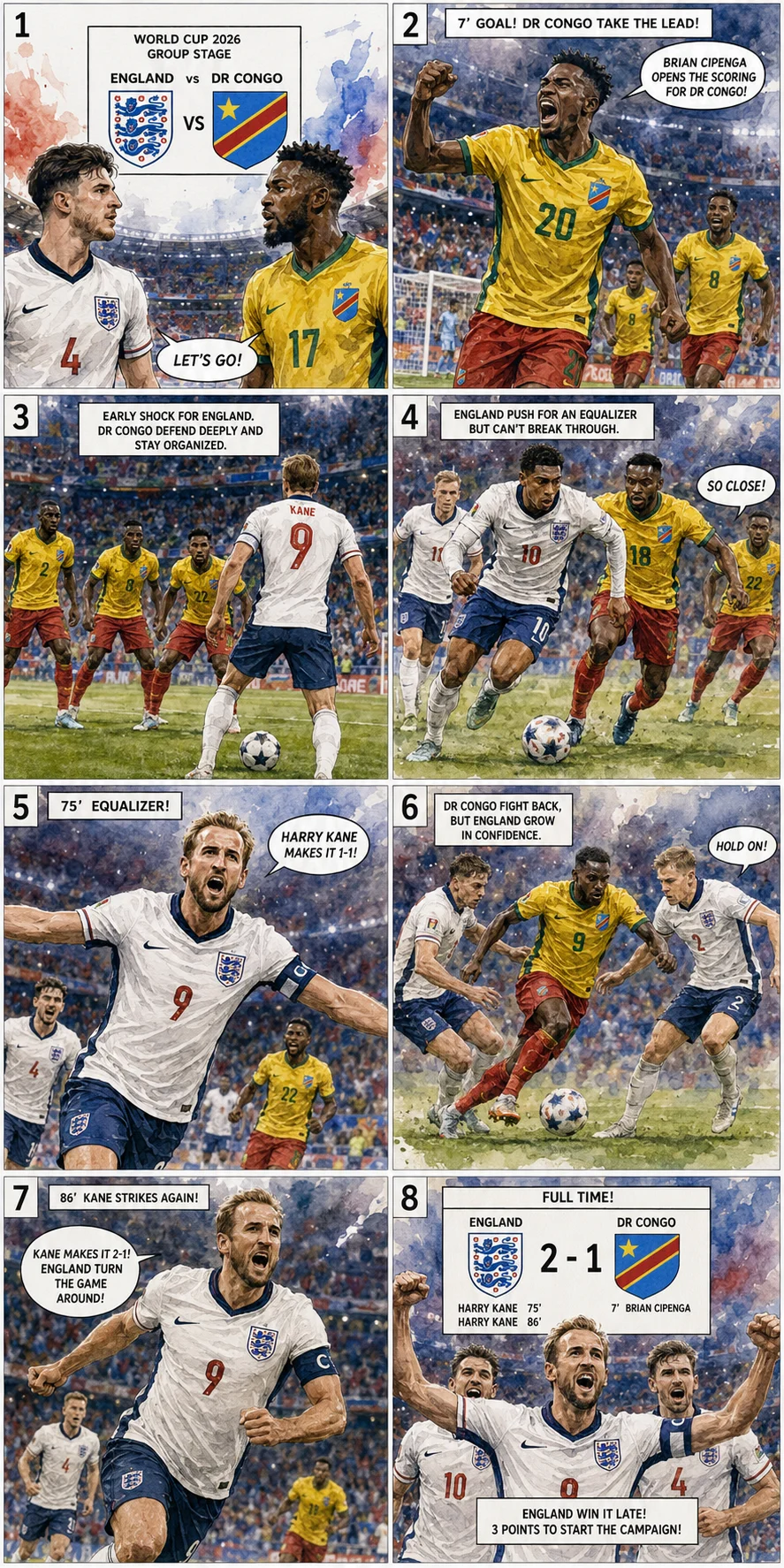 This is the Comic image with the caption: England 2-1 DR Congo: Narrow Win in Tense World Cup Clash
