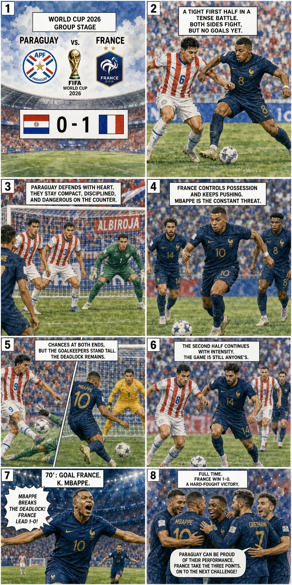 This is the Comic image with the caption: Paraguay 0-1 France: France Survives Paraguayan Thunderstorm