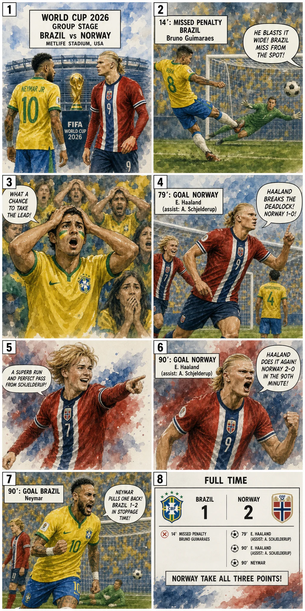This is the Comic image with the caption: Brazil 1-2 Norway: Haaland Double Sends Brazil Crashing Out