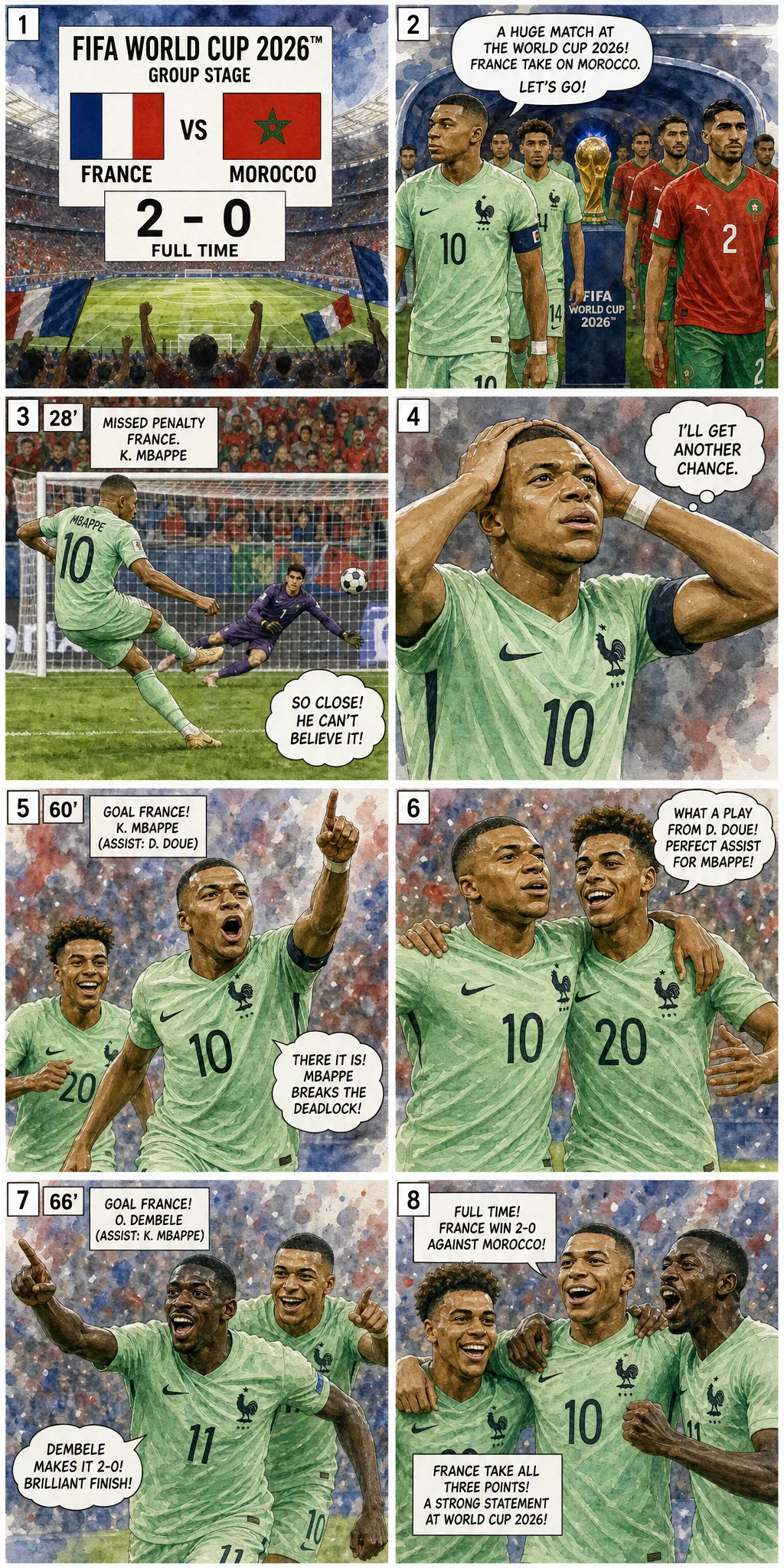 This is the Comic image with the caption: France 2-0 Morocco: Les Bleus Storm Into Semi-Finals