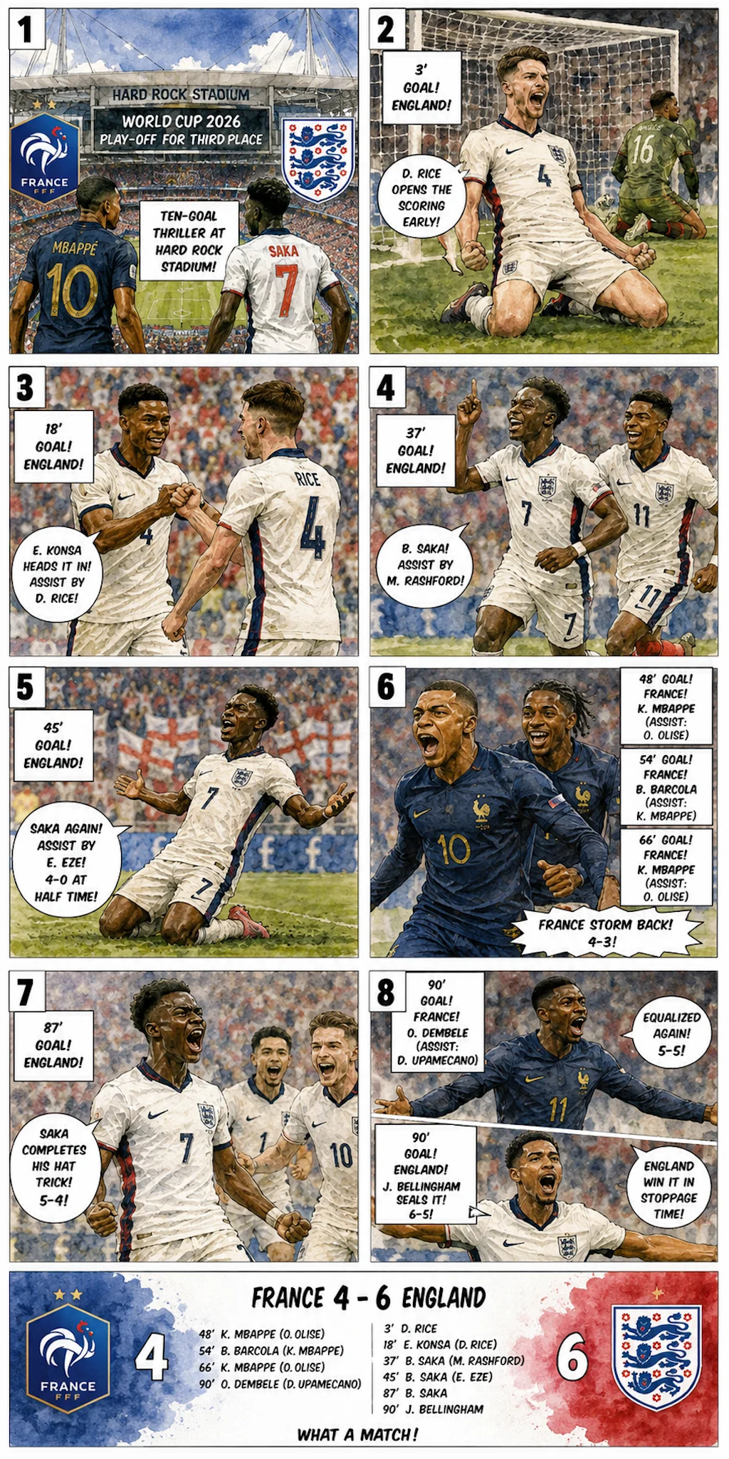 This is the Comic image with the caption: France 4-6 England: Ten-goal dead rubber epic