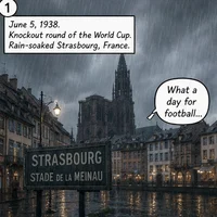The index Comic image with the caption: Brazil 6-5 Poland: 1938 World Cup Eleven-Goal Battle in Mud